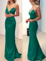 Sheath/Column V-neck Sweep Train Silk Like Satin Prom Dresses