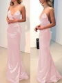 Sheath/Column V-neck Sweep Train Silk Like Satin Prom Dresses