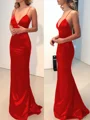 Sheath/Column V-neck Sweep Train Silk Like Satin Prom Dresses