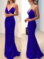 Sheath/Column V-neck Sweep Train Silk Like Satin Prom Dresses