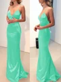 Sheath/Column V-neck Sweep Train Silk Like Satin Prom Dresses