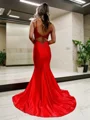 Trumpet/Mermaid V-neck Court Train Silk Like Satin Prom Dresses With Appliques Lace