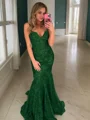 Trumpet/Mermaid V-neck Sweep Train Lace Prom Dresses With Appliques Lace