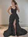 A-Line/Princess Straps Court Train Tulle Prom Dresses With Leg Slit