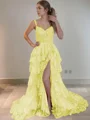 A-Line/Princess Straps Court Train Tulle Prom Dresses With Leg Slit