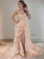 A-Line/Princess Straps Court Train Tulle Prom Dresses With Leg Slit