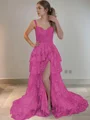 A-Line/Princess Straps Court Train Tulle Prom Dresses With Leg Slit