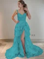 A-Line/Princess Straps Court Train Tulle Prom Dresses With Leg Slit