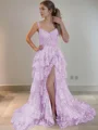 A-Line/Princess Straps Court Train Tulle Prom Dresses With Leg Slit