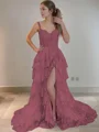 A-Line/Princess Straps Court Train Tulle Prom Dresses With Leg Slit