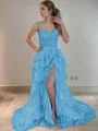 A-Line/Princess Straps Court Train Tulle Prom Dresses With Leg Slit
