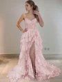 A-Line/Princess Straps Court Train Tulle Prom Dresses With Leg Slit