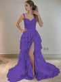 A-Line/Princess Straps Court Train Tulle Prom Dresses With Leg Slit