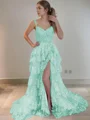 A-Line/Princess Straps Court Train Tulle Prom Dresses With Leg Slit