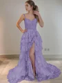 A-Line/Princess Straps Court Train Tulle Prom Dresses With Leg Slit