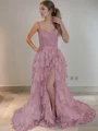 A-Line/Princess Straps Court Train Tulle Prom Dresses With Leg Slit