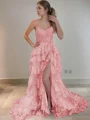 A-Line/Princess Straps Court Train Tulle Prom Dresses With Leg Slit