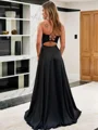 A-Line/Princess V-neck Sweep Train Silk Like Satin Prom Dresses With Leg Slit