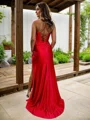 Sheath/Column Spaghetti Straps Sweep Train Silk Like Satin Prom Dresses With Leg Slit