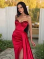 Sheath/Column Sweetheart Sweep Train Silk Like Satin Prom Dresses With Leg Slit