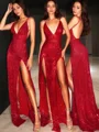 Sheath/Column V-neck Sweep Train Sequins Prom Dresses With Leg Slit