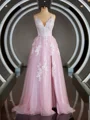 A-Line/Princess V-neck Sweep Train Tulle Prom Dresses With Appliques Lace