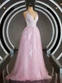 A-Line/Princess V-neck Sweep Train Tulle Prom Dresses With Appliques Lace