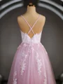 A-Line/Princess V-neck Sweep Train Tulle Prom Dresses With Appliques Lace