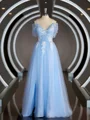 A-Line/Princess V-neck Sweep Train Tulle Prom Dresses With Appliques Lace