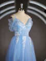 A-Line/Princess V-neck Sweep Train Tulle Prom Dresses With Appliques Lace