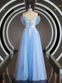 A-Line/Princess V-neck Sweep Train Tulle Prom Dresses With Appliques Lace