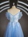 A-Line/Princess V-neck Sweep Train Tulle Prom Dresses With Appliques Lace