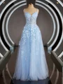 A-Line/Princess Off-the-Shoulder Floor-Length Tulle Prom Dresses With Appliques Lace