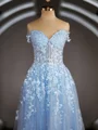 A-Line/Princess Off-the-Shoulder Floor-Length Tulle Prom Dresses With Appliques Lace