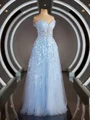 A-Line/Princess Off-the-Shoulder Floor-Length Tulle Prom Dresses With Appliques Lace