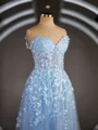 A-Line/Princess Off-the-Shoulder Floor-Length Tulle Prom Dresses With Appliques Lace