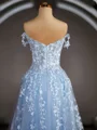 A-Line/Princess Off-the-Shoulder Floor-Length Tulle Prom Dresses With Appliques Lace