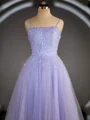A-Line/Princess Spaghetti Straps Floor-Length Tulle Prom Dresses With Beading
