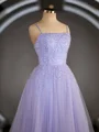 A-Line/Princess Spaghetti Straps Floor-Length Tulle Prom Dresses With Beading