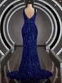 Sheath/Column V-neck Sweep Train Velvet Sequins Prom Dresses With Leg Slit
