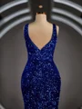 Sheath/Column V-neck Sweep Train Velvet Sequins Prom Dresses With Leg Slit