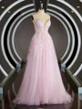 A-Line/Princess V-neck Court Train Tulle Prom Dresses With Appliques Lace