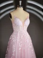 A-Line/Princess V-neck Court Train Tulle Prom Dresses With Appliques Lace