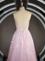 A-Line/Princess V-neck Court Train Tulle Prom Dresses With Appliques Lace