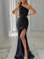 Sheath One-Shoulder Pleated Sweep Train Silk Like Satin Dress