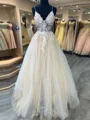 A-line V-neck Appliques Lace Floor-Length Tulle Dress