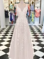 A-Line/Princess V-neck Floor-Length Tulle Prom Dresses With Appliques Lace
