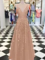 A-Line/Princess V-neck Floor-Length Tulle Prom Dresses With Appliques Lace