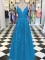A-Line/Princess V-neck Floor-Length Tulle Prom Dresses With Appliques Lace