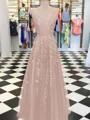 A-Line/Princess V-neck Floor-Length Tulle Prom Dresses With Appliques Lace